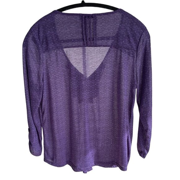 Mexx Purple Scoop Neck Sheer Top Blouse 3/4 Roll Up Sleeves Button Up Ruffle XL - Picture 2 of 15